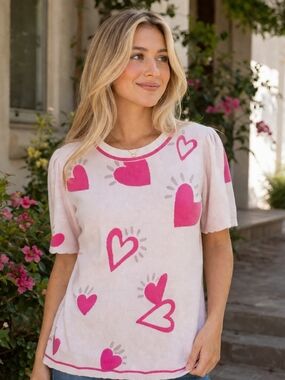 Fate Pink & Cream Heart-Print Short Sleeve Crew Sweater